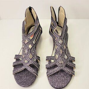 Size 8 Womens Sequin Shoes Grey Wedge Sandals Low Heels Flats Open Toe Shoes NEW